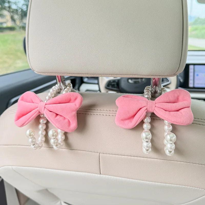 2PCS White Pearl Bow Car Headrest Hooks