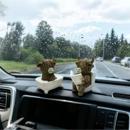 Scottish Highland Cow Resin Car Dashboard Figurine - Bathing Reading