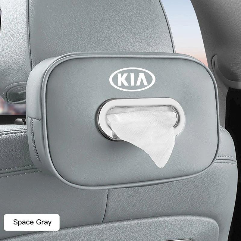 KIA Leather Tissue Box Holder & Back Seat Storage Bag - Gray - KIA