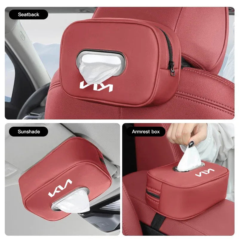 KIA Leather Tissue Box Holder & Back Seat Storage Bag - Black