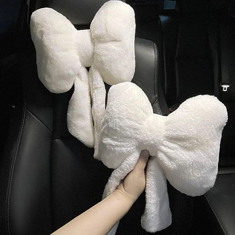 Plush Bowknot Car Headrest Pillow - Neck Support Cushion Auto Seat