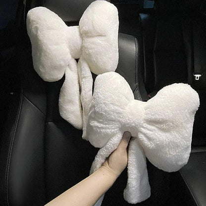 Plush Bowknot Car Headrest Pillow - Neck Support Cushion Auto Seat