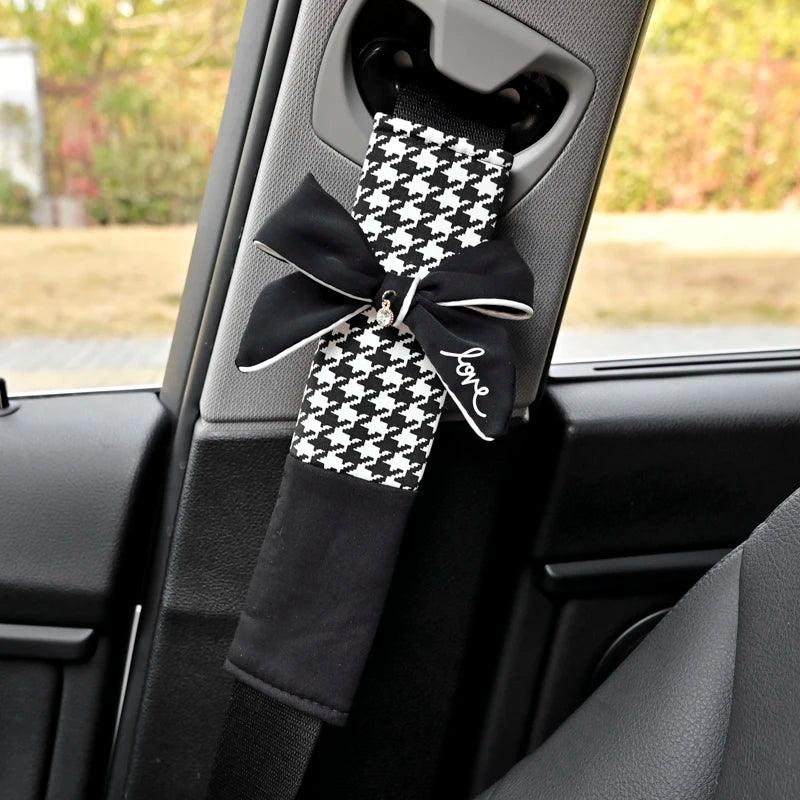 Classic Plaid Bowknot Car Gear Shifter Handbrake Seat Belt Cover Set