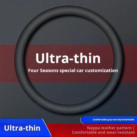 Nappa Leather Steering Wheel Cover | Ultra-Thin, Non-Slip, All-Season Fit - Round black