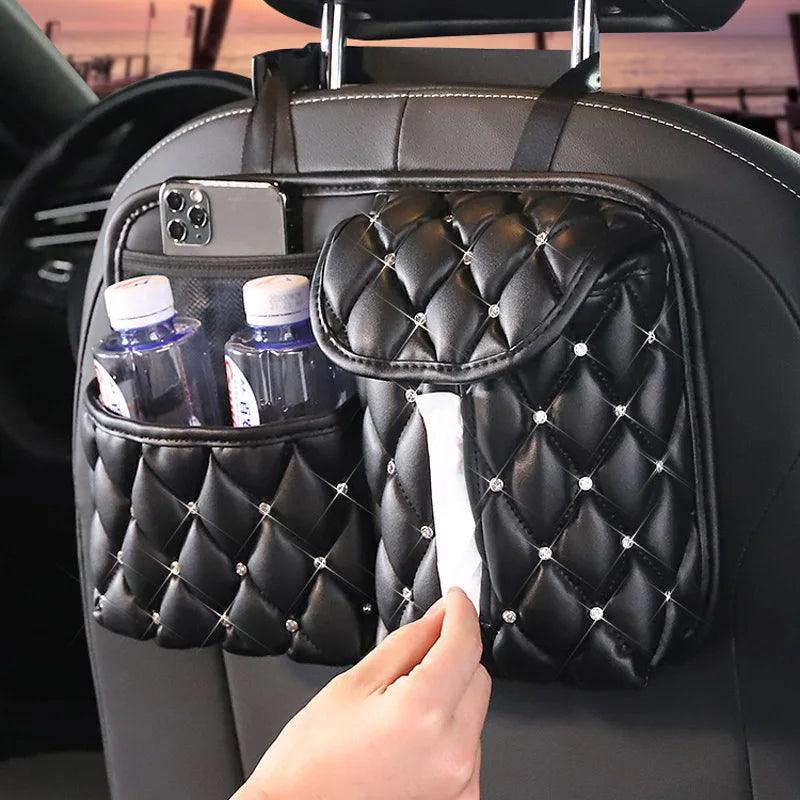 Rhinestone Crown Leather Car Seat Organizer Storage Bag Tissue Holder