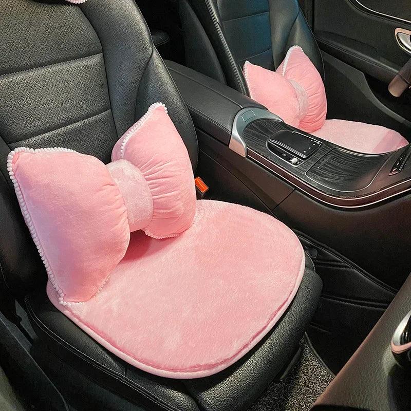 Pink Plush Bowknot Car Headrest Neck Pillow - Soft Cartoon Design