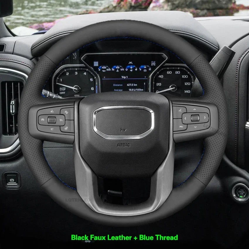 GMC Hand-Stitched Steering Wheel Cover - Round Shape / Blue Thread