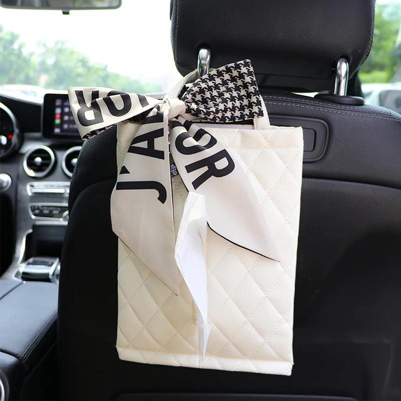 Silk Ribbon Bowknot Car Headrest Tissue Holder - Hanging Towel Bag