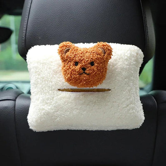 Plush Bear Car Tissue Box Holder - Headrest Hanging Napkin Organizer