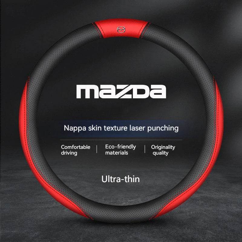Mazda Suede Leather Car Steering Wheel Cover for SKYACTIV Series – Fits Mazda2, 3, 6, Axela, Atenza, CX30, CX5, CX8, CX9, MX5, RX7, RX8, BT50 - Style A white
