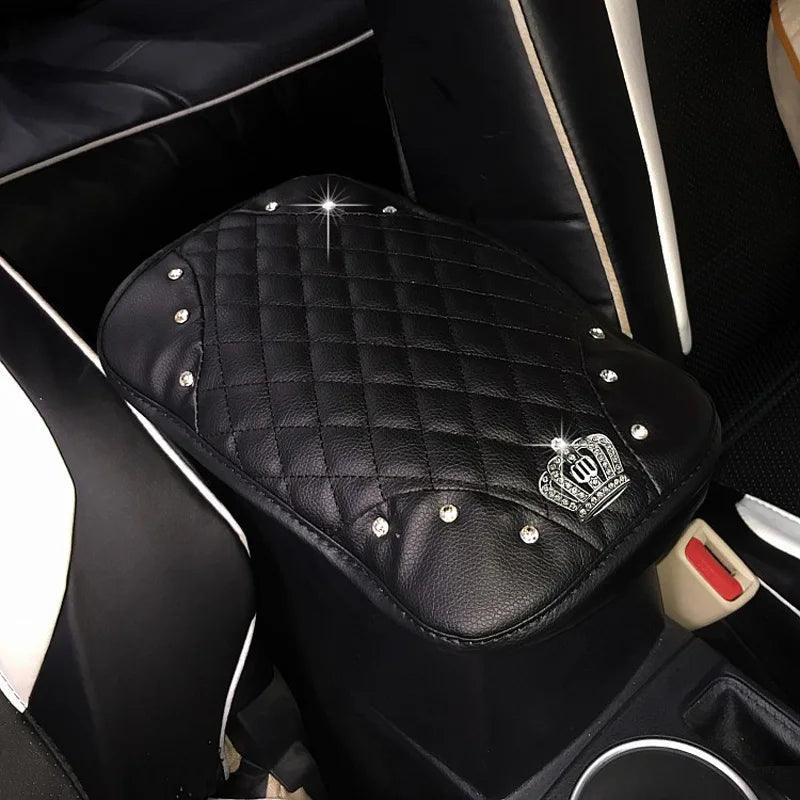 Diamond Crown Leather Car Armrest Cushion Universal Console Cover