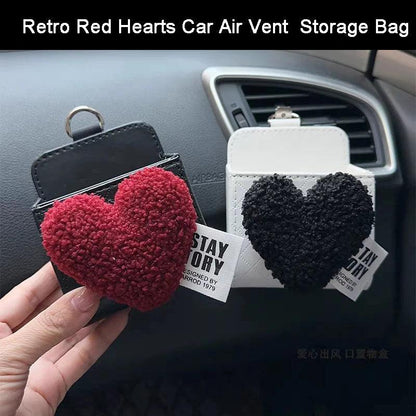 Retro Red Hearts Leather Car Organizer Air Vent Storage Bag