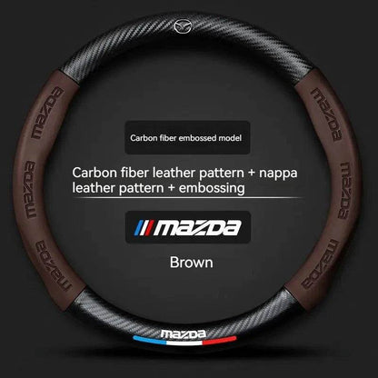 Mazda Carbon Fiber Leather Steering Wheel Cover – Fits 3, 5, 6, CX-5, CX-30, MX-5, RX-8, BT-50 - Carbon fiber