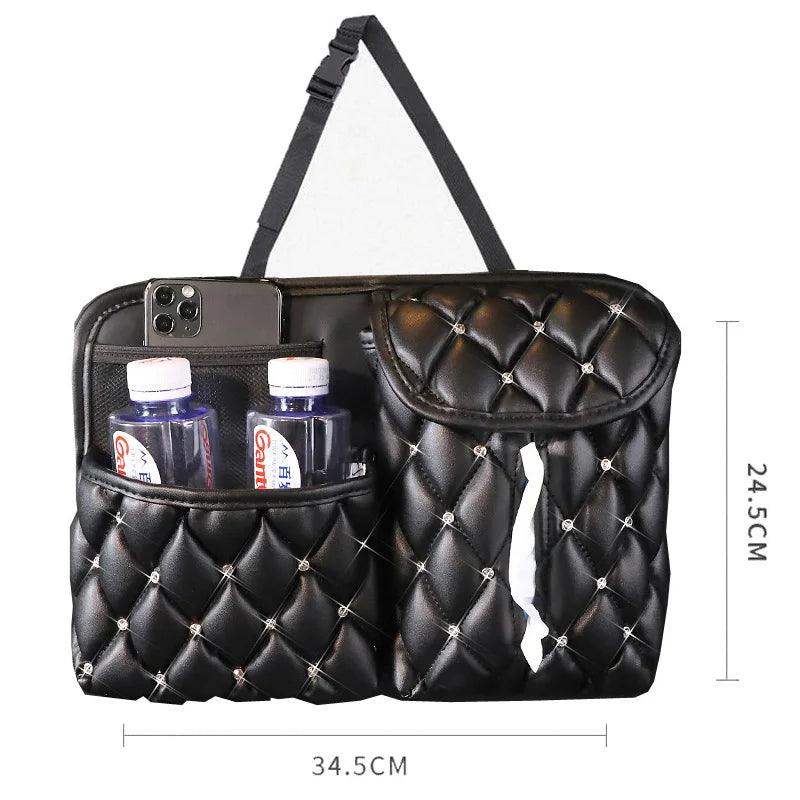Rhinestone Crown Leather Car Seat Organizer Storage Bag Tissue Holder