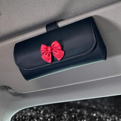 Diamond Bow Leather Car Sunglasses Holder Universal Storage Case