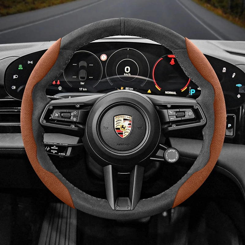 Porsche Suede Snap-On Steering Wheel Cover - Round Shape / 2-Piece Set / Brown