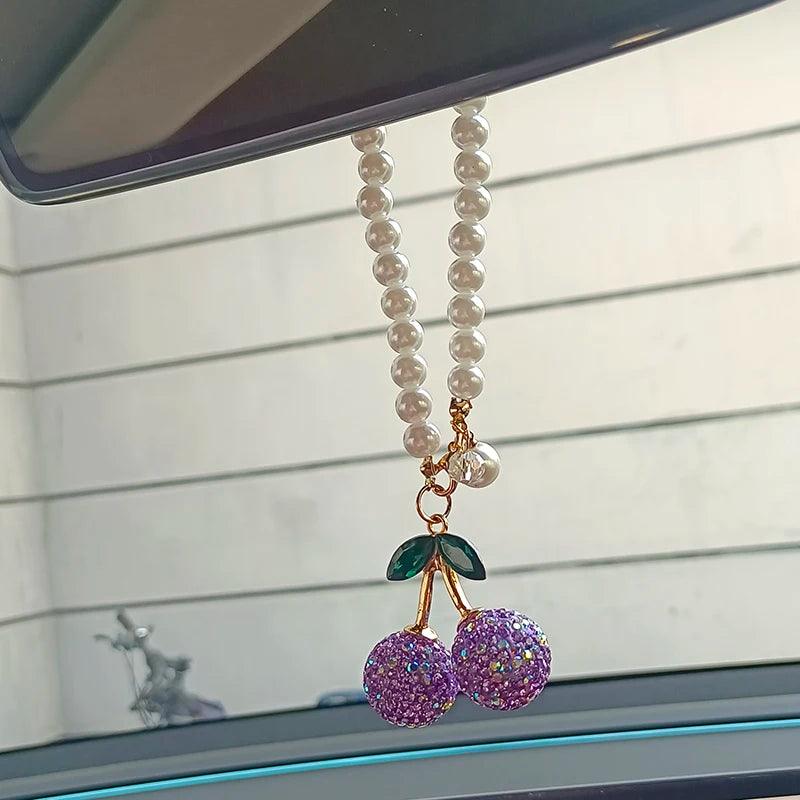 Cherry Crystal Rhinestone Car Mirror Ornament Hanging Pendant Decor