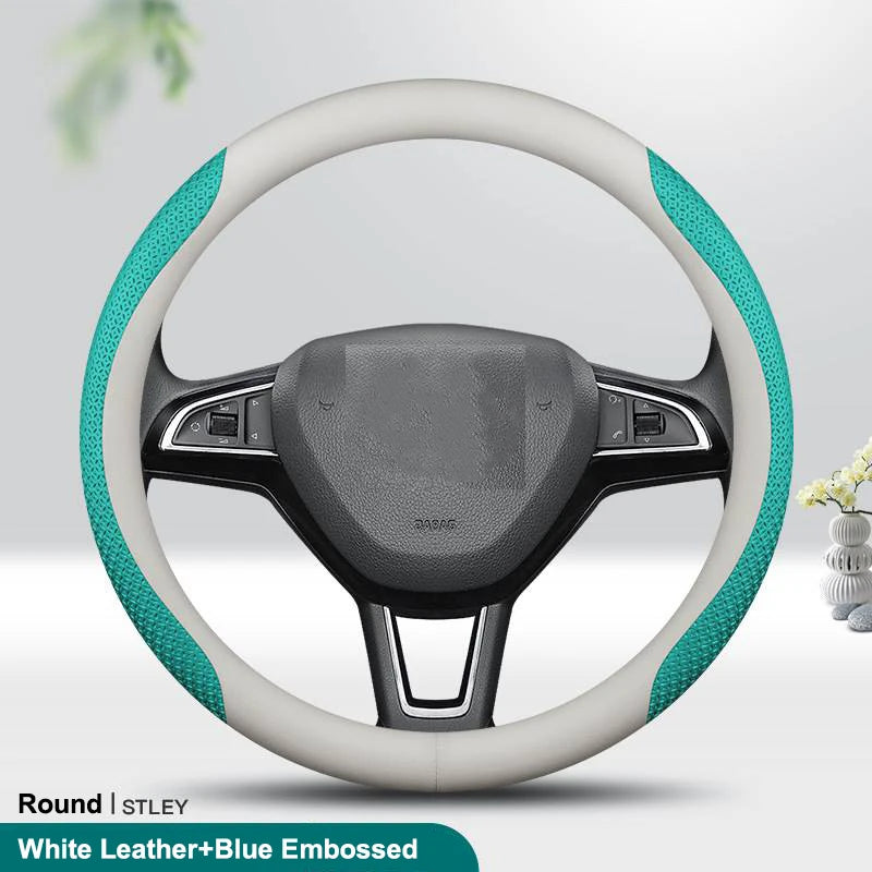 PU Leather Universal Steering Wheel Cover - Round Shape / Blue Embossed