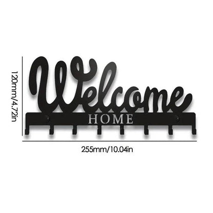 Black Metal Wall Key Holder – WELCOME Design with 8 Hooks - E