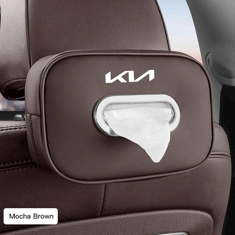 KIA Leather Tissue Box Holder & Back Seat Storage Bag - Brown