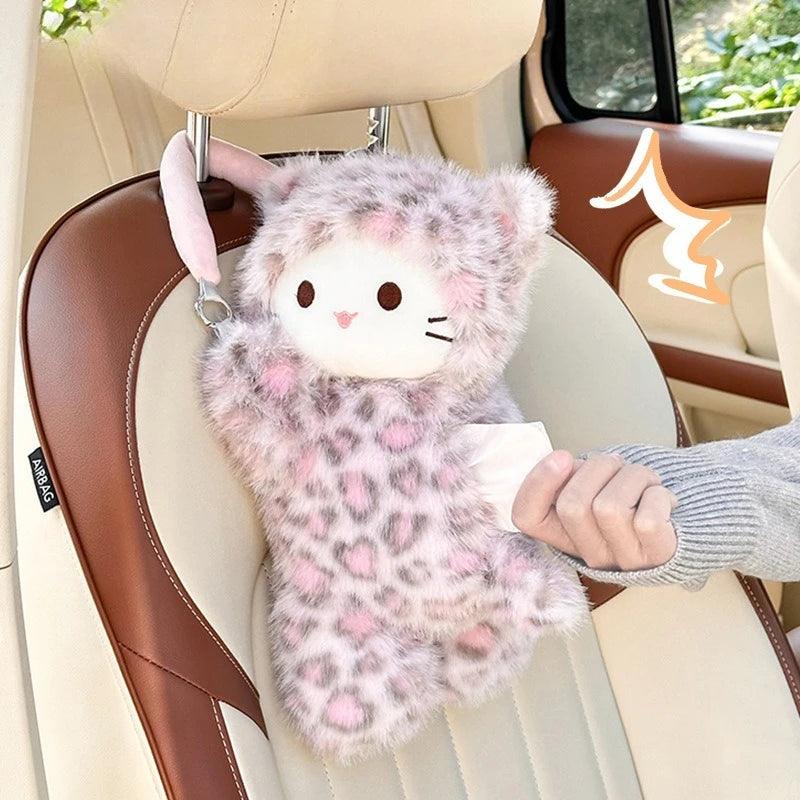 Leopard Print Cat Plush Universal Car Tissue Holder Hanging Doll
