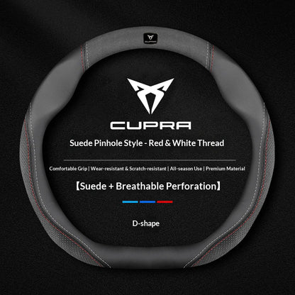 Cupra Suede and Leather Steering Wheel Cover - Round Shape / Suede Red & White