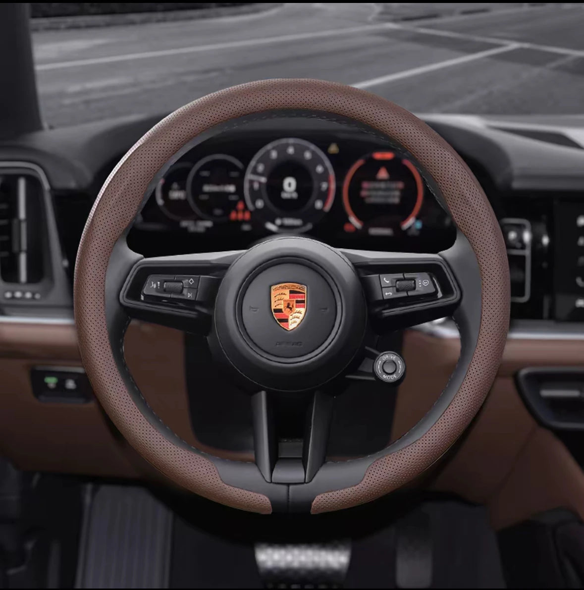Porsche Nappa Leather Steering Wheel Cover - Round Shape / Coffee Brown