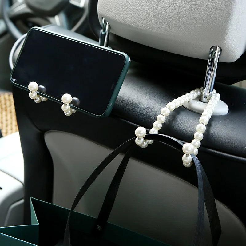 2pcs Stainless Steel Car Headrest Hooks White Pearl Half Open Design