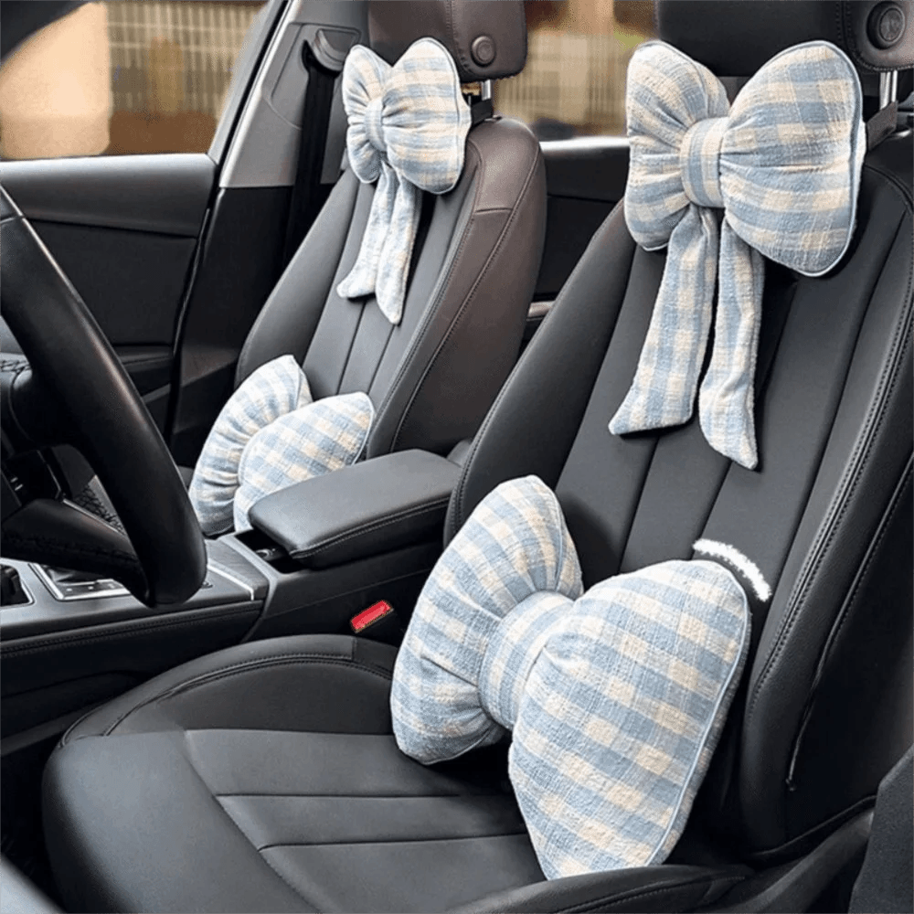 Pink Bowknot Car Neck Pillow - Grid Plaid Pattern Headrest Support