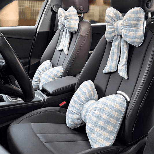 Pink Bowknot Car Neck Pillow - Grid Plaid Pattern Headrest Support