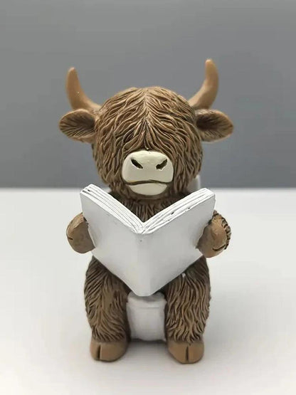 Scottish Highland Cow Resin Car Dashboard Figurine - Bathing Reading