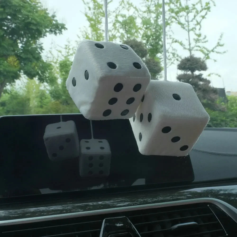 Fuzzy Dice Car Mirror Hanging Decoration – Soft Plush Rear View Ornament - White
