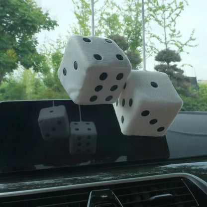 Fuzzy Dice Car Mirror Hanging Decoration – Soft Plush Rear View Ornament - White