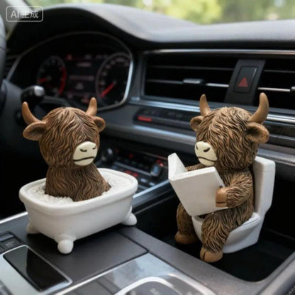 Scottish Highland Cow Resin Car Dashboard Figurine - Bathing Reading