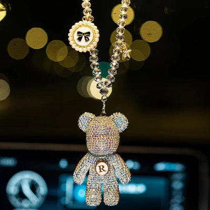 Diamond Crystal Bow Bear Car Mirror Pendant - Bling Auto Ornament