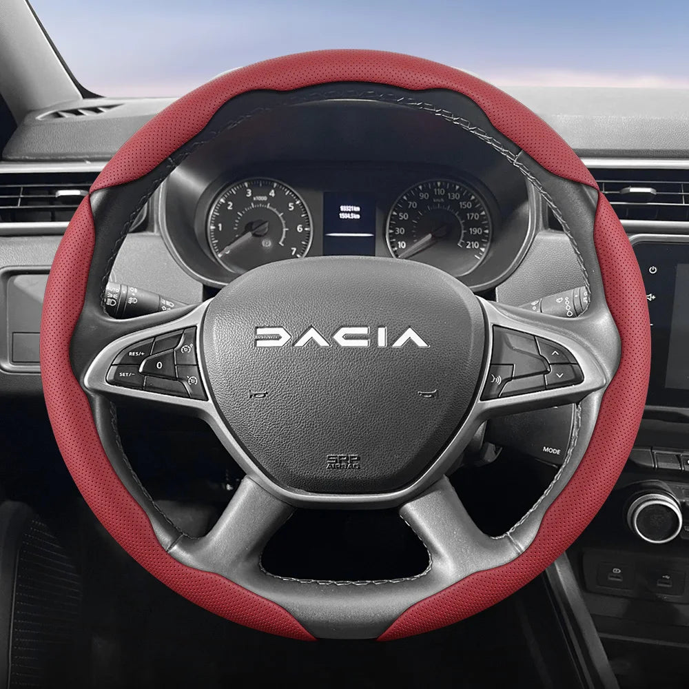Dacia Breathable Leather Steering Wheel Cover - Round Shape / 3-Piece Set / Red