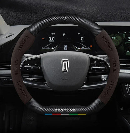 FAW Besturn Carbon Fiber Suede Steering Wheel Cover - D Black-Carbon+Suede