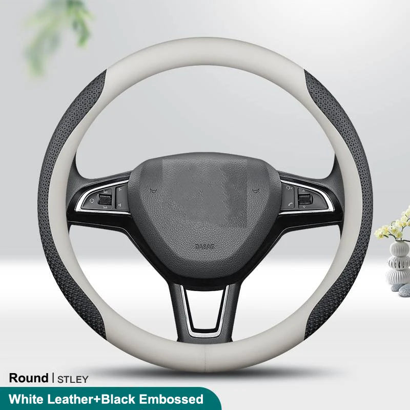 PU Leather Universal Steering Wheel Cover - Round Shape / Black Embossed