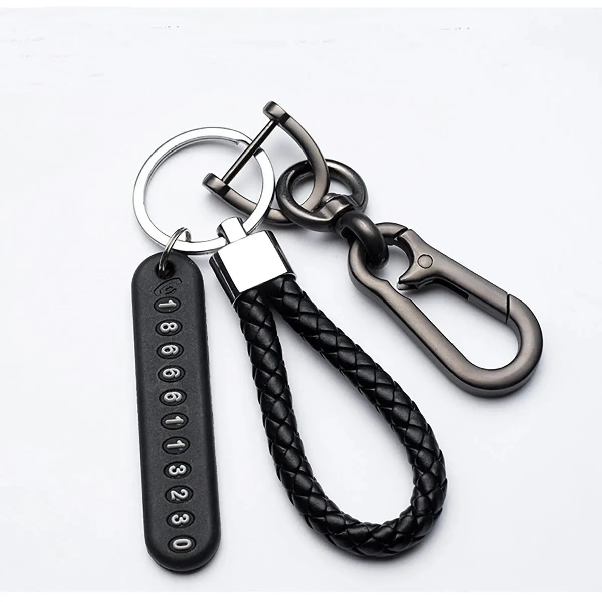 Woven Leather Keychain with Parking Phone Number Plate - Style 1