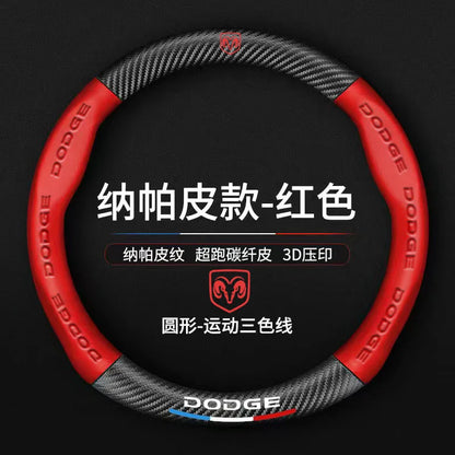Dodge and RAM Leather Steering Wheel Cover - Round Shape / Red