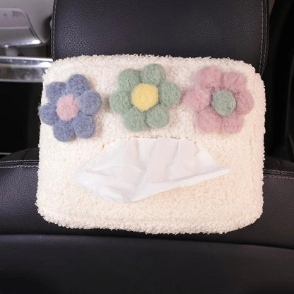 Cartoon Plush Flower Car Headrest Tissue Box Holder Visor Organizer