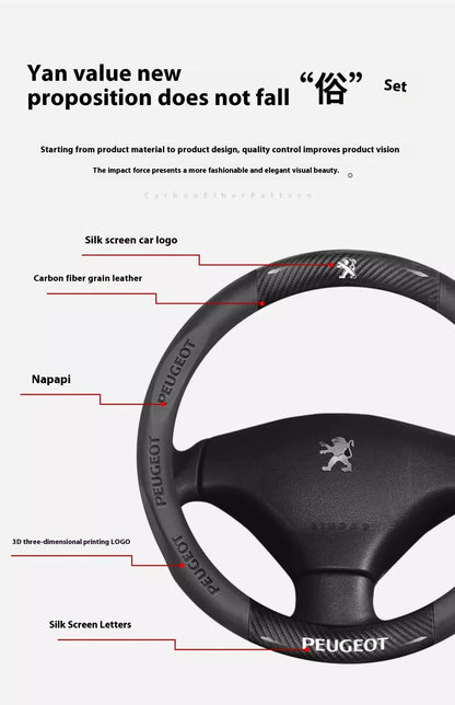 Peugeot Carbon Fiber Leather Steering Wheel Cover - Red Leather