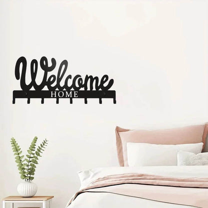 Black Metal Wall Key Holder – WELCOME Design with 8 Hooks - A