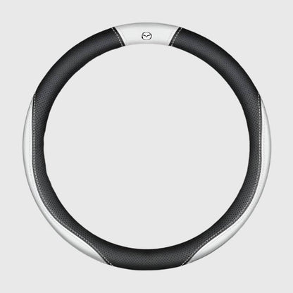 Mazda Suede Leather Car Steering Wheel Cover for SKYACTIV Series – Fits Mazda2, 3, 6, Axela, Atenza, CX30, CX5, CX8, CX9, MX5, RX7, RX8, BT50 - Style A white