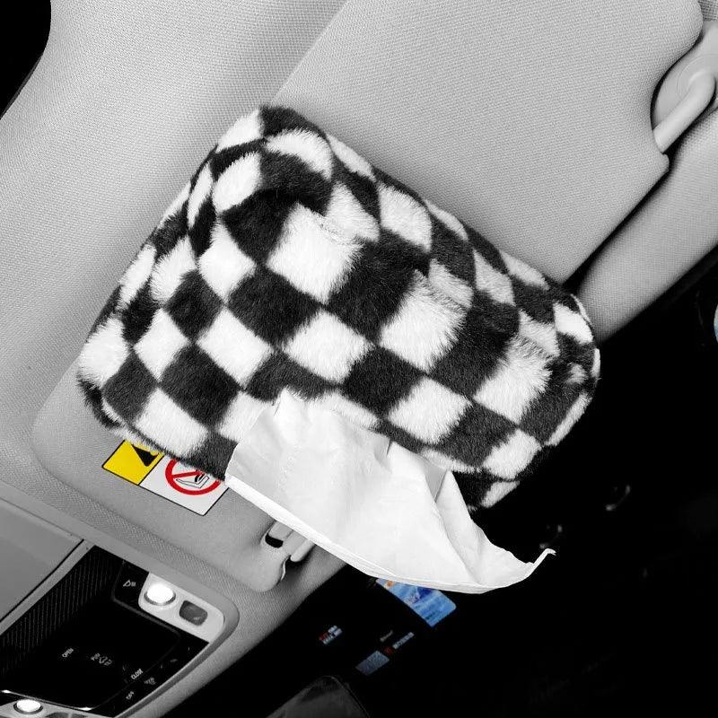 Plush Chessboard Car Headrest Tissue Holder Visor Hanging Organizer