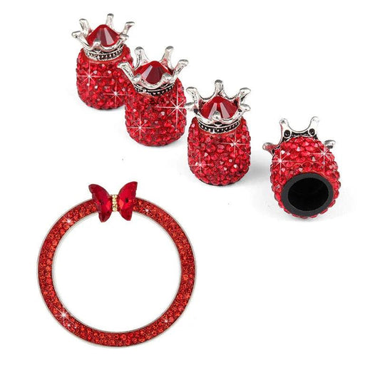 5PCS Diamond Crown Tire Valve Caps + Rhinestone Start Button Set