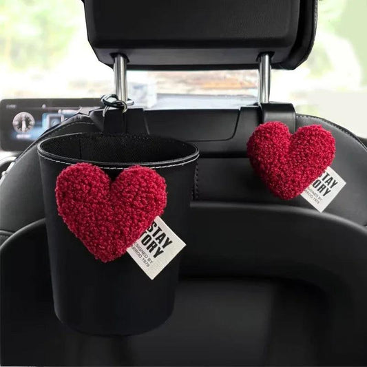 Retro Red Heart Car Trash Bin - Leather Headrest Hanging Organizer