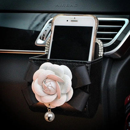 Crystal Diamond Camellia Car Vent Organizer Phone Holder Trash Box