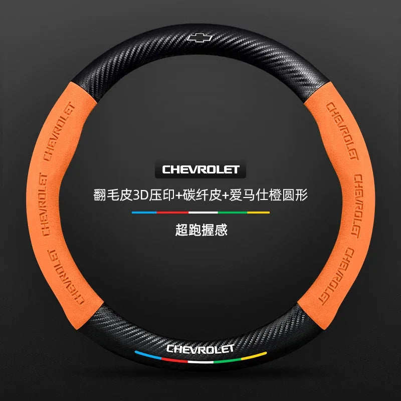 Chevrolet Suede Carbon Fiber Steering Wheel Cover - Round Orange A