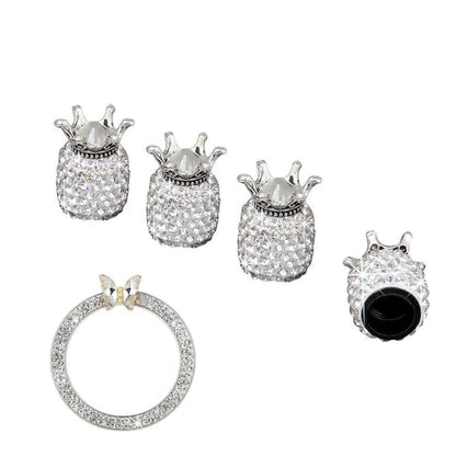 5PCS Diamond Crown Tire Valve Caps + Rhinestone Start Button Set